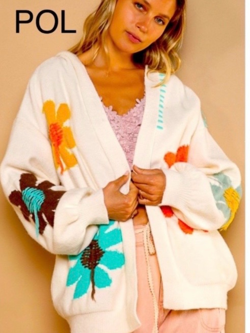 POL ANTHROPOLOGIE Olive Hooded Cardigan with Bright Floral Intarsia WOMANS L - Picture 4 of 8